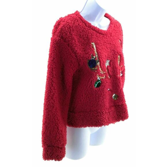 Wallflower Reindeer Red Christmas Sherpa Pullover Top Size Large - Picture 2 of 3
